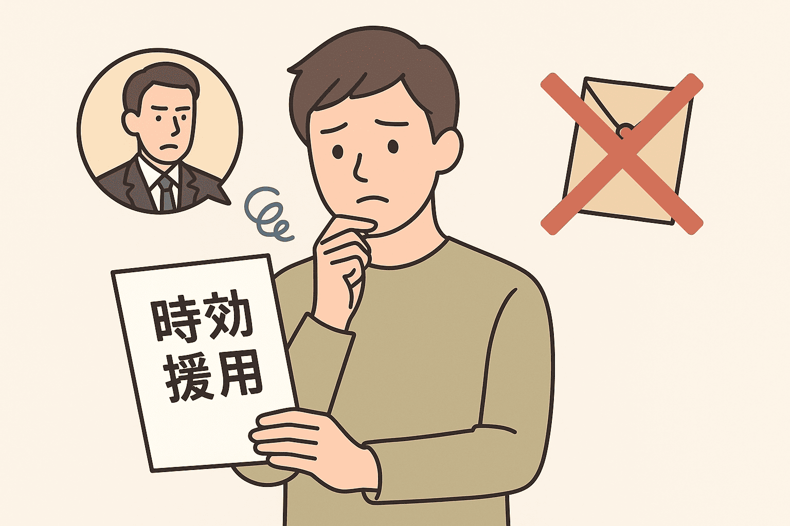 時効援用と書かれた書類を手に悩む若い男性。債権者のイメージと、封筒にバツ印が描かれているイラスト